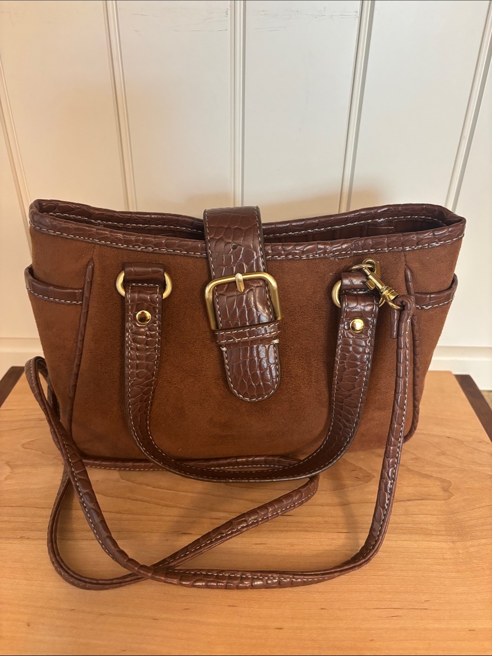 Amanda Smith Brown Suede & Croc-Texture Shoulder/ Crossbody Bag